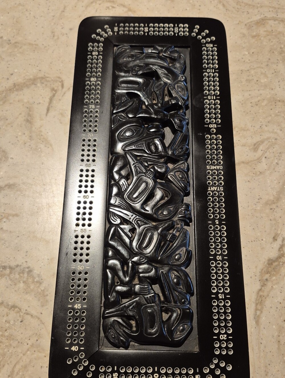 Haida Indigenous Totem Design Black Crushed Marble Cribbage Board